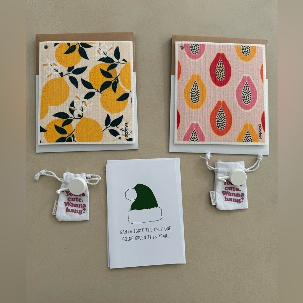 Papaya NWT reusable dish clothes/paper towels 4 sheets , 2 hooks, I Xmas card